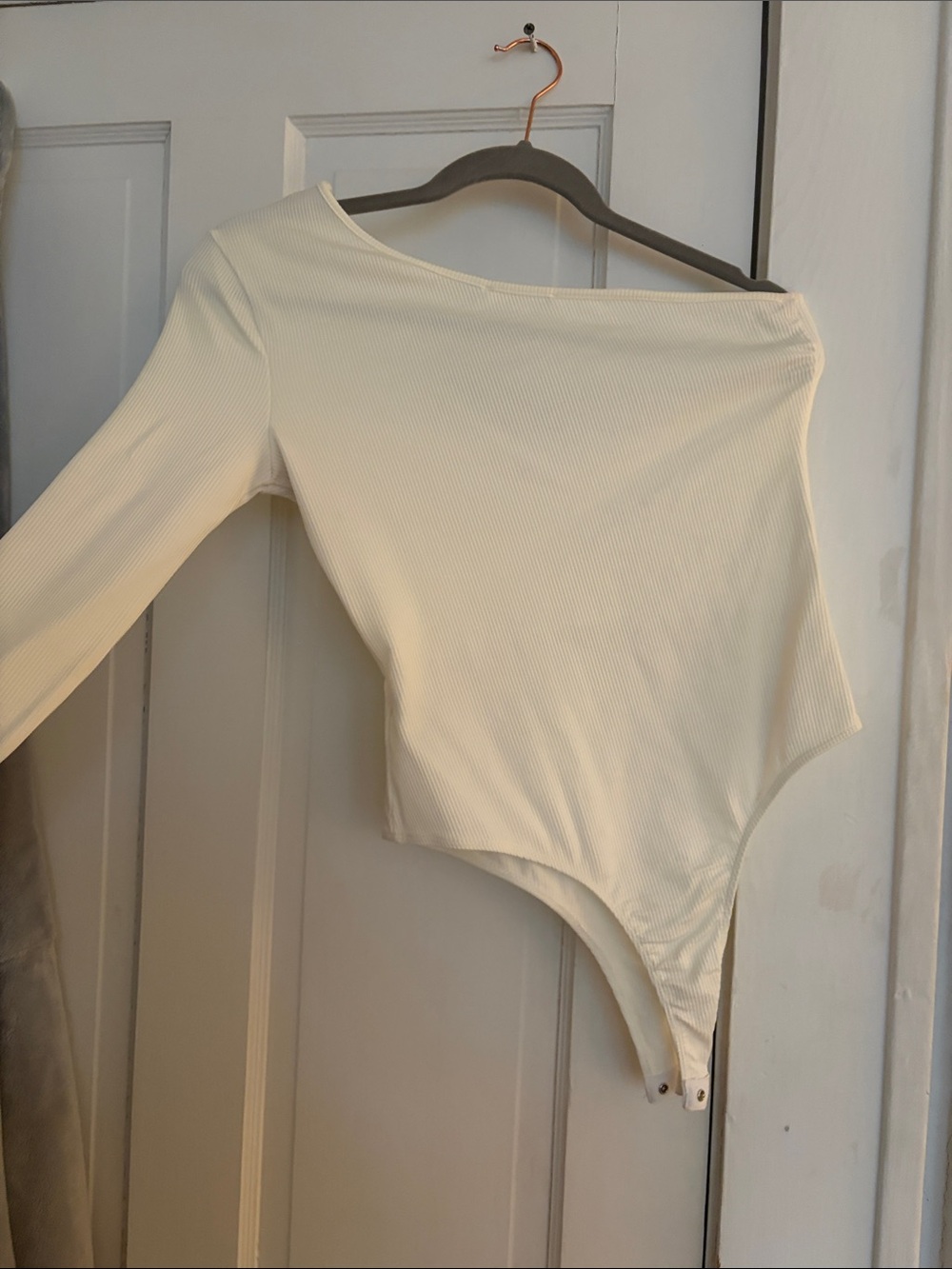 Lush Cream Ribbed One-Shoulder Cutout Bodysuit - Picture 2 of 3